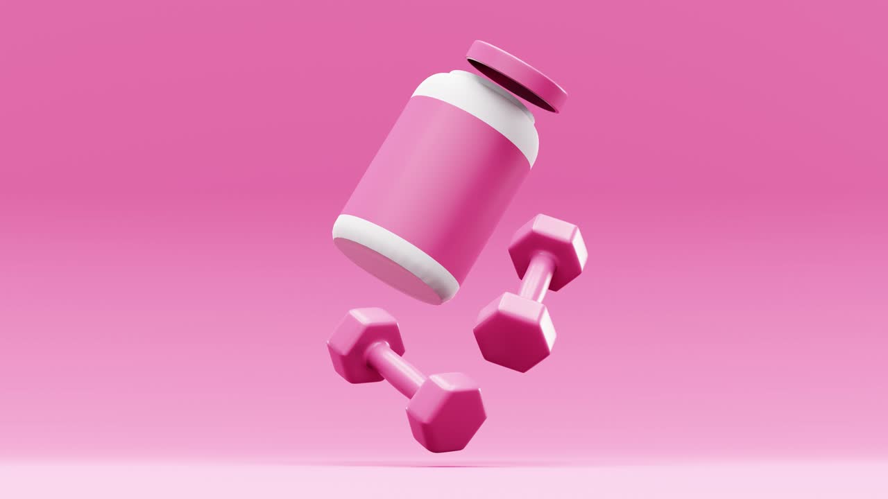 3D barbells with jar of protein powder against pink background