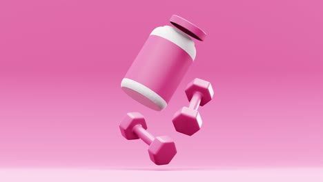 3d barbells with jar of protein powder against pink background