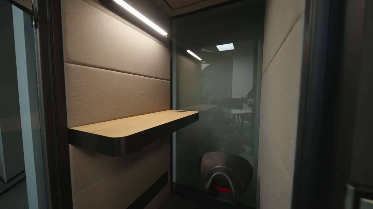 Compact Acoustic Booth For Focused Calls, Folding Shelf And LED Strip Light, Glass Door, Padded Panels, Single. Creative