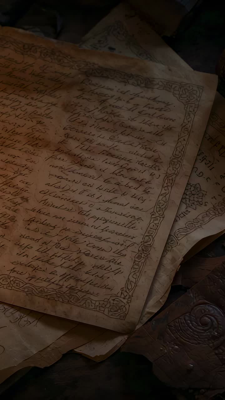 Vertical video: Panning camera revealing aged sheet on dark wood, showing paper layers and leather