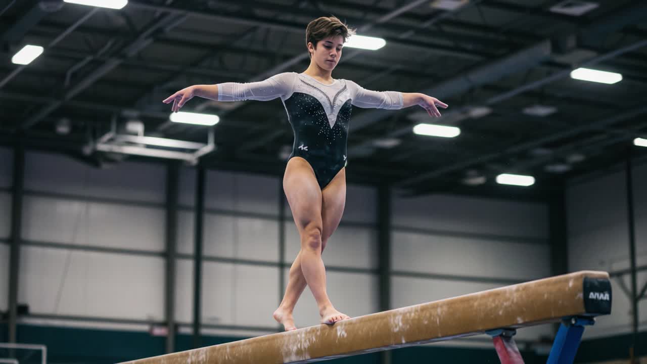 A Gymnast's Graceful Performance on the Balance Beam, Showcasing Precision and Elegance in Competitive Gymnastics