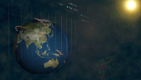 Animation-Der-Datenverarbeitung-über-Globus-Und-Sonne-Auf-Schwarzem-Hintergrund