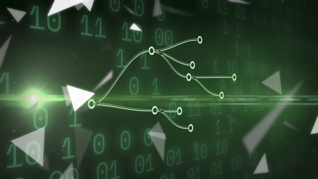 Circle appearing left starting network branching and pulsing, triangles swirling showing data flow