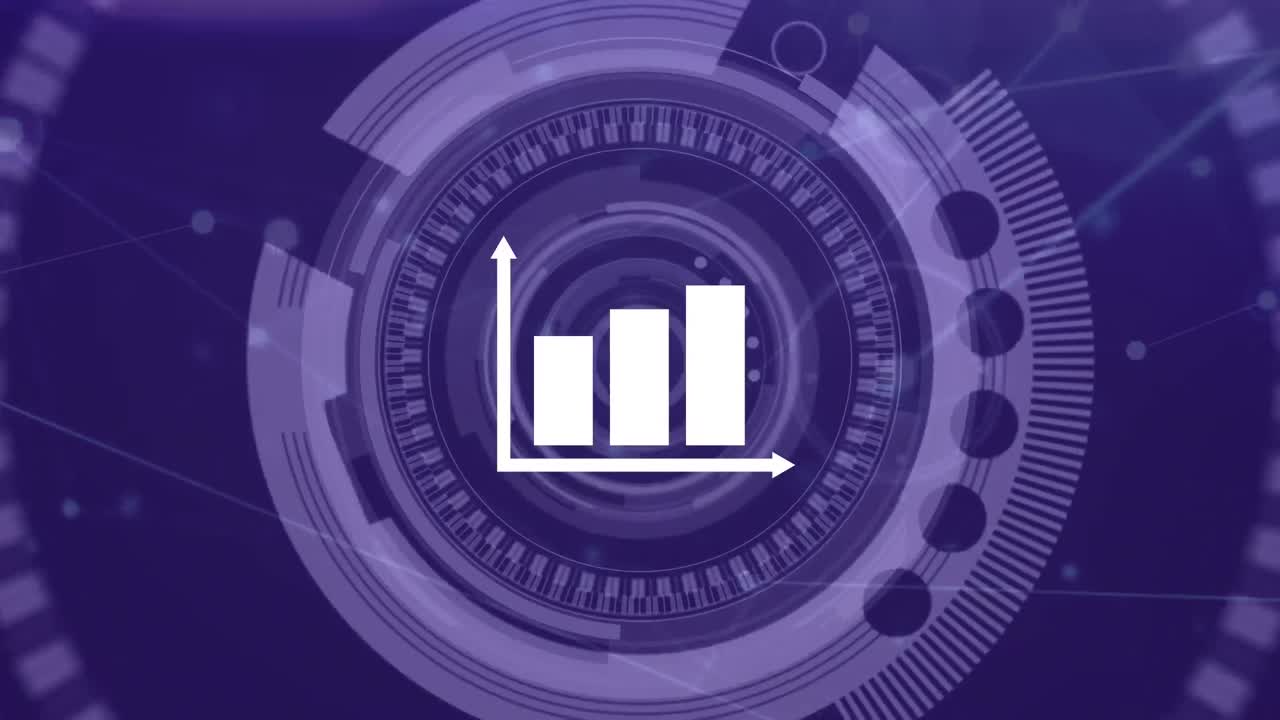 animación de las estadísticas y la red de conexiones sobre fondo púrpura
