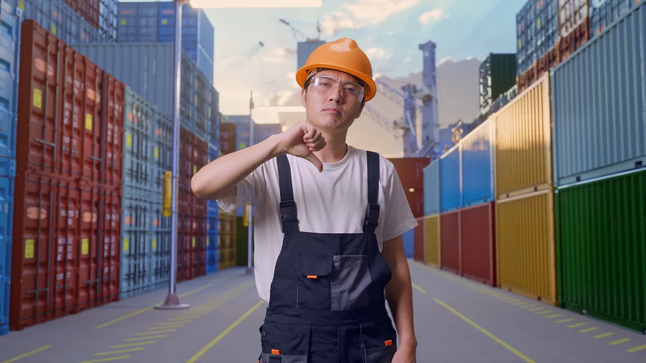 Asian Man Worker Wearing Goggles And Safety Helmet Showing Thumbs Down Gesture To Camera While Standing At Container Yard Warehouse