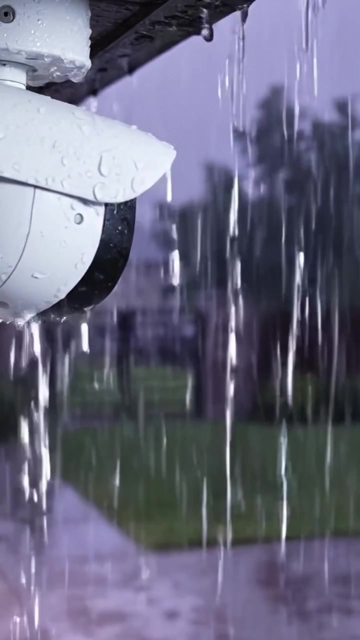 Telecamera di sorveglianza che riprende forti piogge in un ambiente suburbano: un contrasto visivo tra tecnologia e furia della natura.