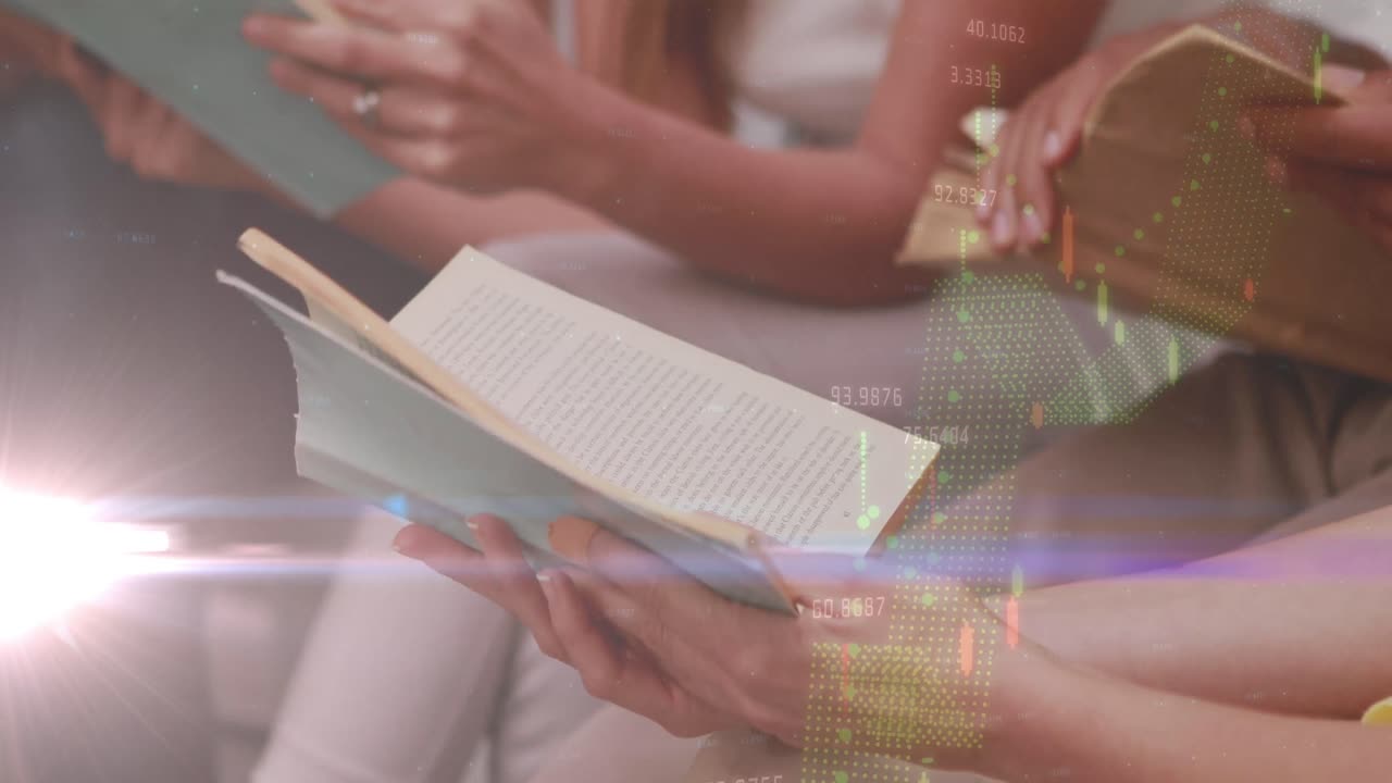 책과 함께 다양한 학생들의 손에 빛과 그래프의 애니메이션