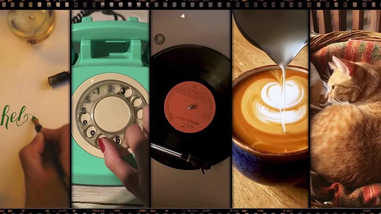 Estetica vintage rilassante: calligrafia, telefono, vinile, caffè e gatto