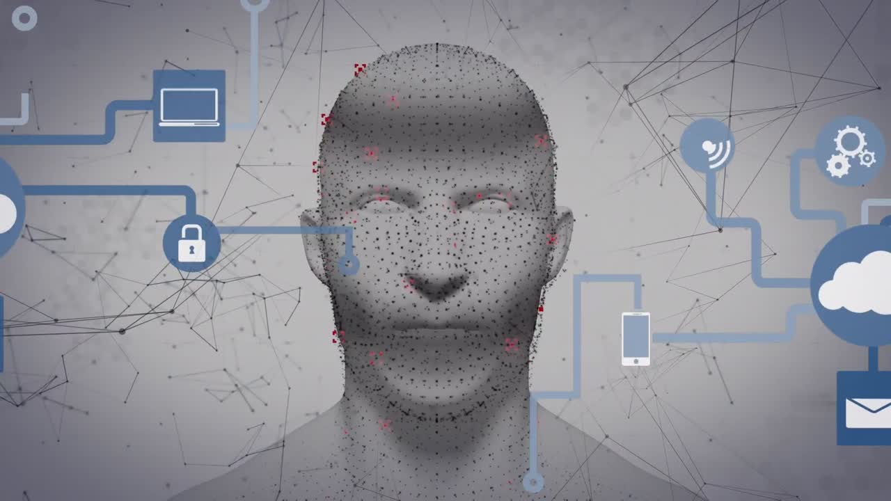 animación de la red de conexiones con iconos sobre la cabeza humana