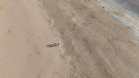two people walk side by side on sandy west sands beach, st andrews, casting long shadows in soft natural light, captured from a high, drifting aerial perspective