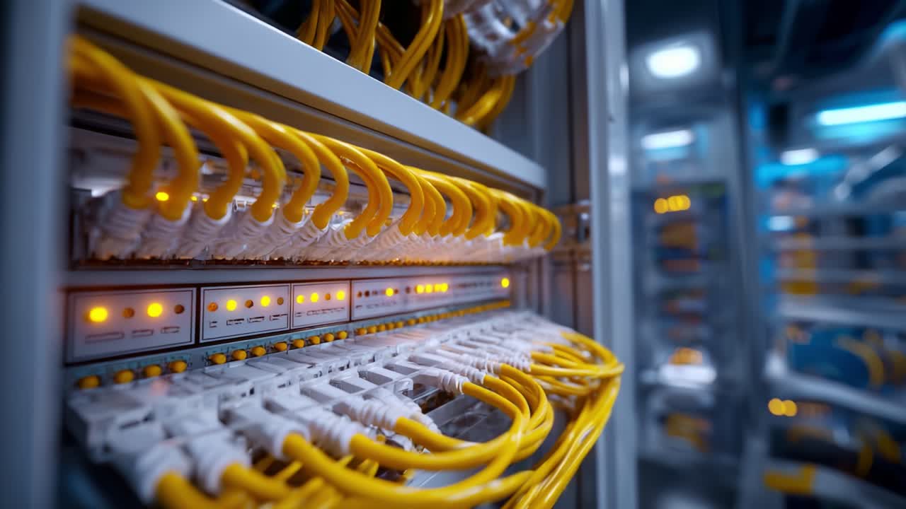 Primo piano di uno switch di rete moderno con porte illuminate e cavi Ethernet gialli in un ambiente di data center high-tech