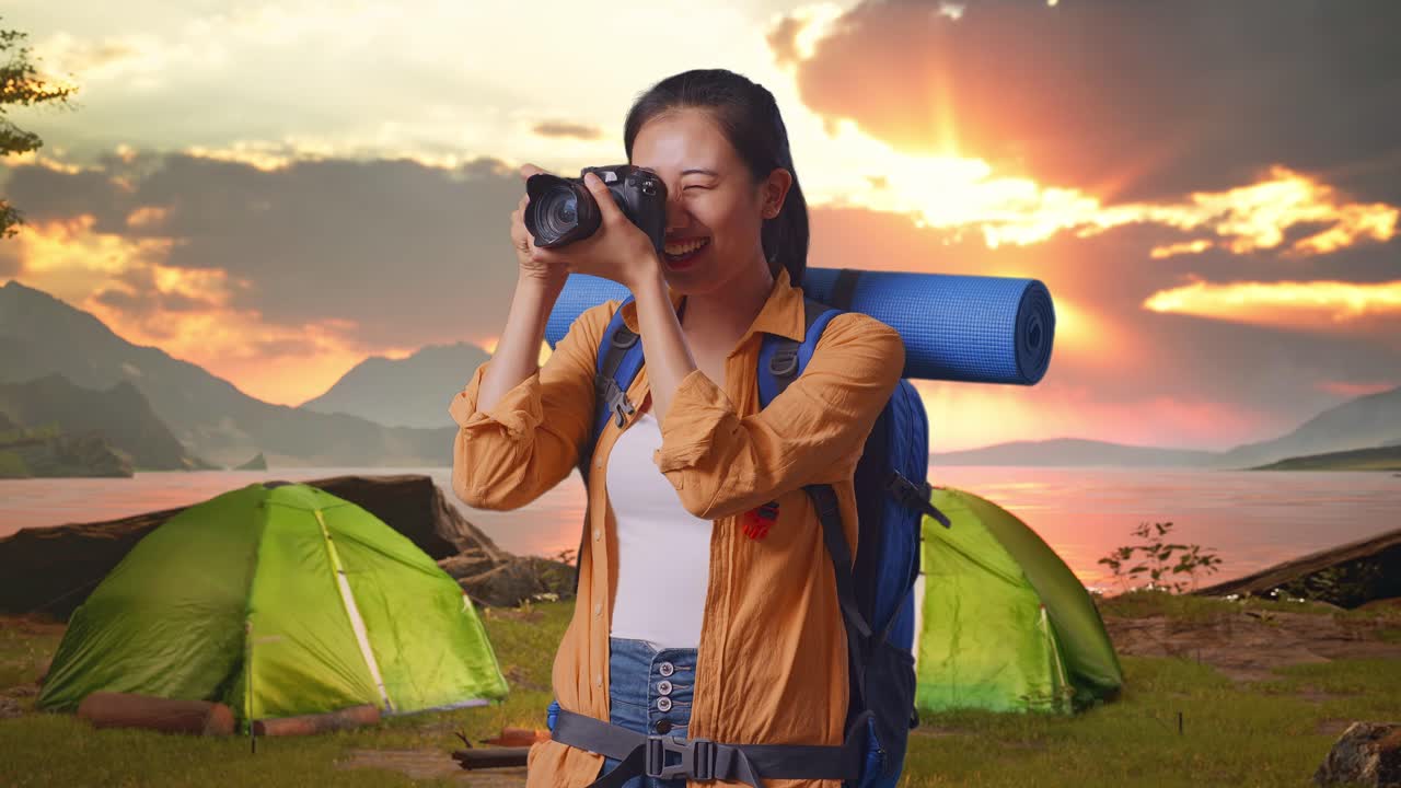 Woman Photographer Camping at Sunset