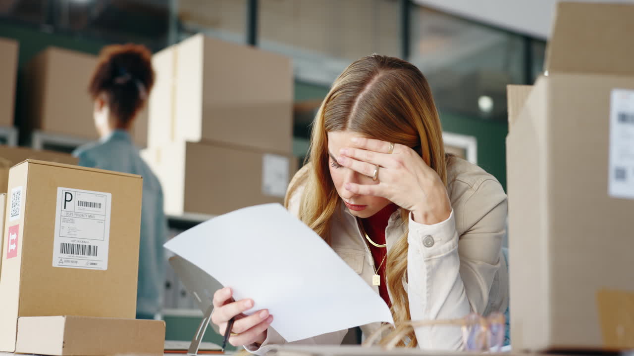 Worried woman in office surrounded by boxes