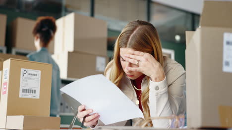 worried woman in office surrounded by boxes