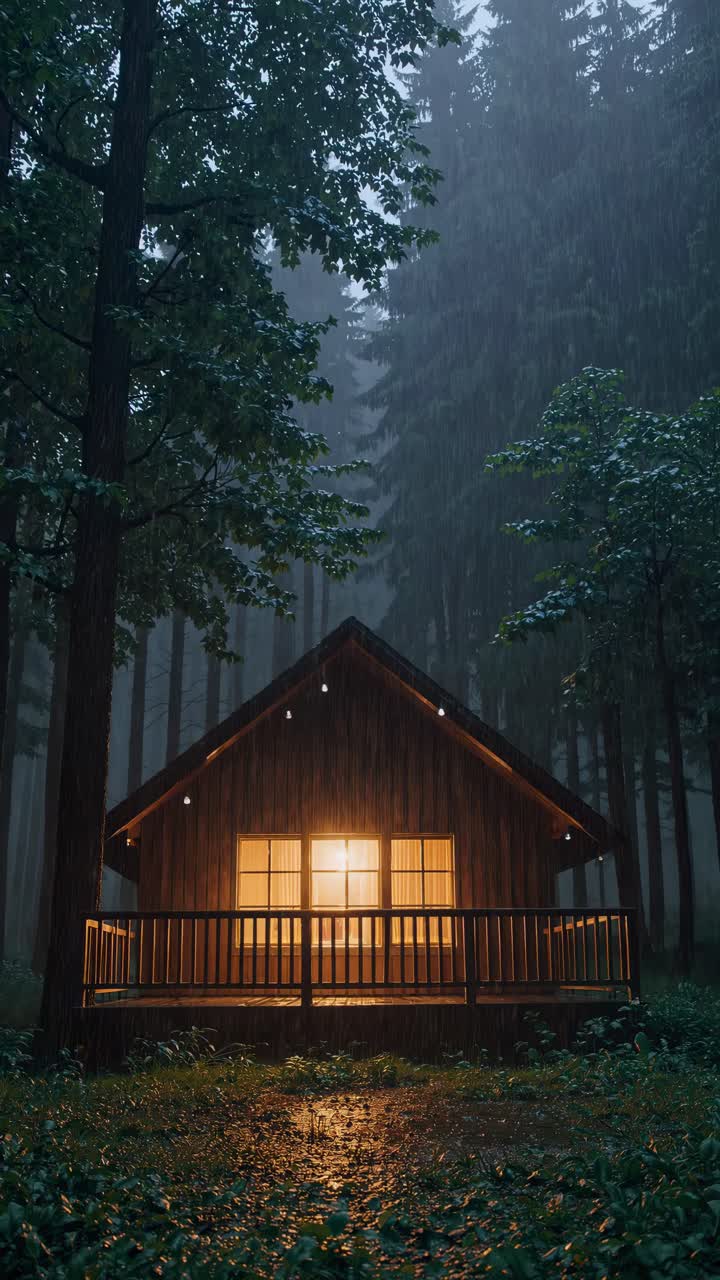 A cozy cabin glows warmly amidst a misty forest, captured from a low angle