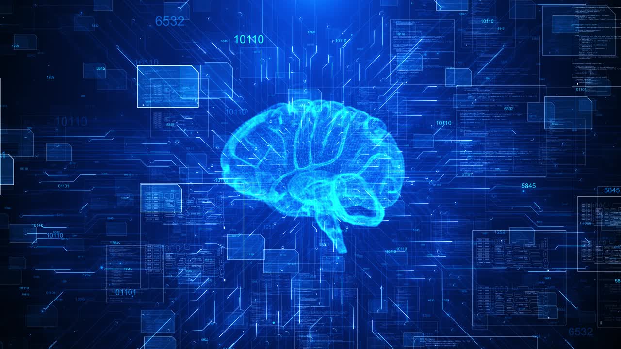 Wireframe 3d artificial intelligence ai brain animation big data flow analysis deep learning