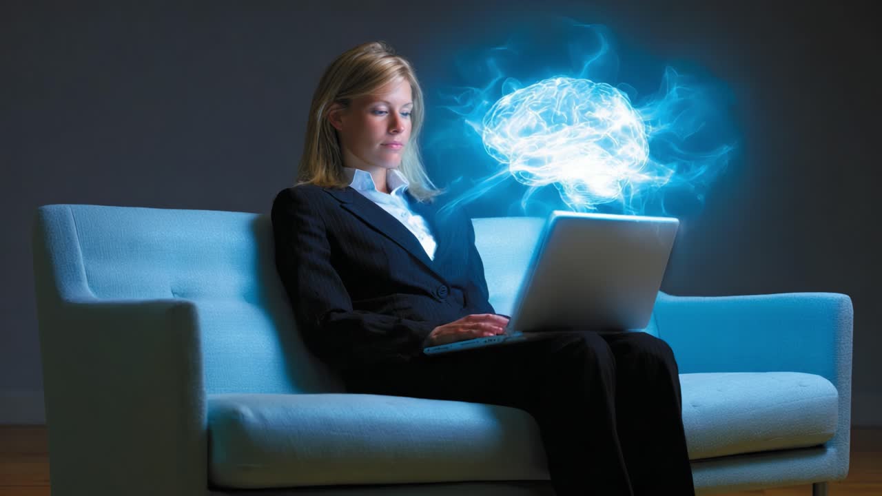 A Professional Woman Engaging in Thoughtful Reflection While Using Her Laptop, Surrounded by a Bright Visualization of a Creative Brain Concept
