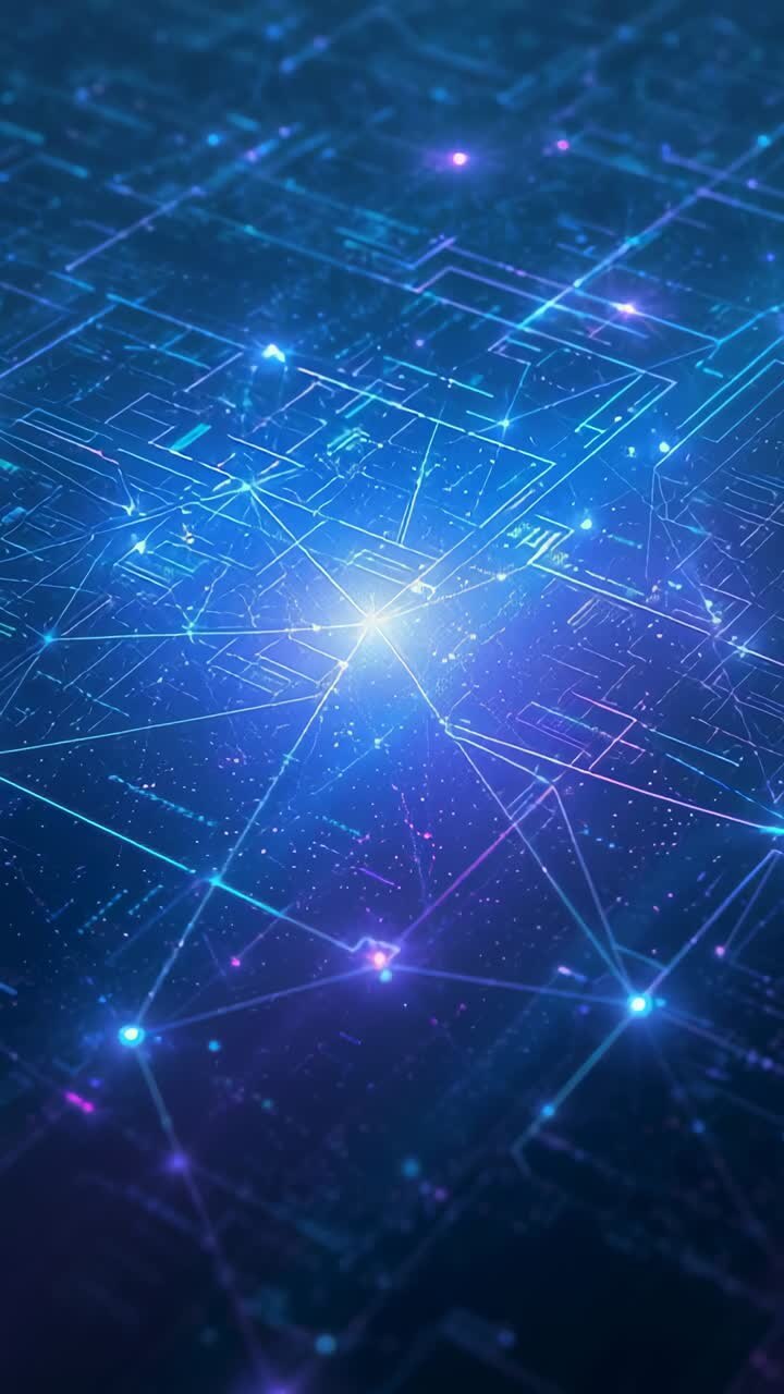Vídeo vertical: nodo central brillante que inicia pulsos de luz a lo largo de una cuadrícula de neón, mostrando el flujo de datos