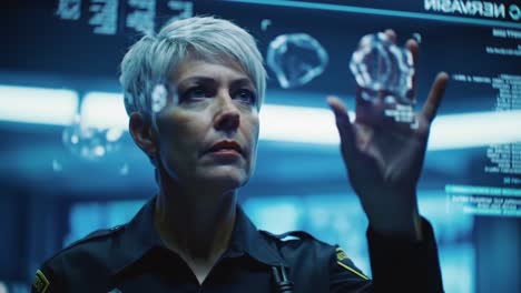 a focused individual engaged in advanced technology analysis, as visualized through digital interfaces and holograms, highlighting the intersection of security and innovation
