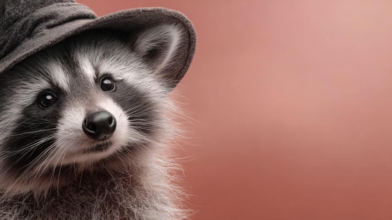 A Charming Raccoon Wearing a Stylish Hat Poses Elegantly Against a Soft Pink Background, Showcasing Its Cute Features and Playful Personality