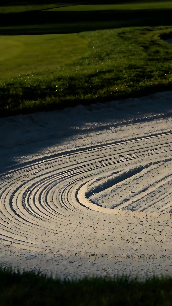 Video verticale: Telecamera in panoramica che rivela un bunker di sabbia curvo su un campo da golf, enfatizzando le scanalature.