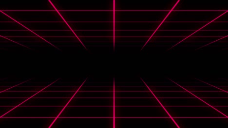 moviéndose lentamente hacia una habitación interminable con una cuadrícula brillante rosa neón que aparece