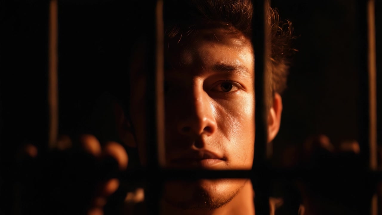 L'espressione intensa di un giovane uomo dietro le sbarre, catturata con un'illuminazione carica di emozione, riflette temi di confinamento, isolamento e contemplazione in un ambiente cupo.