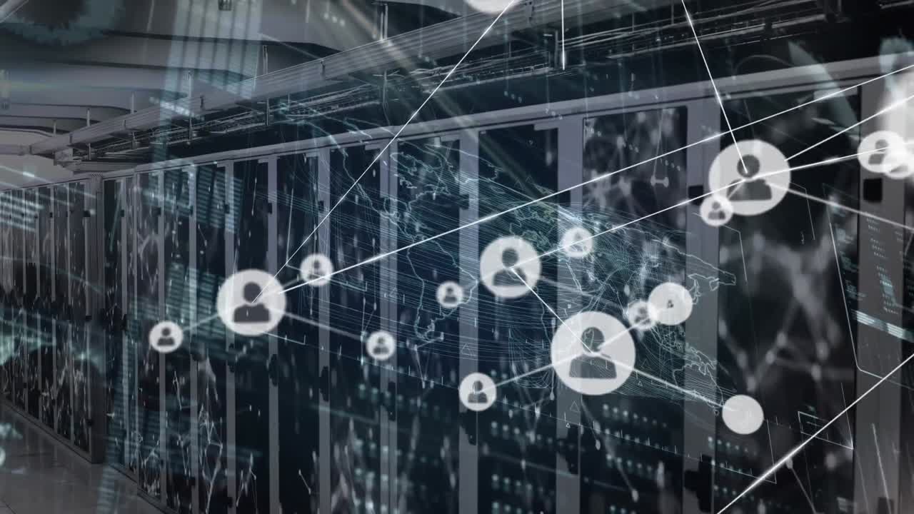 Animation of network of connections with icons and data processing over server room