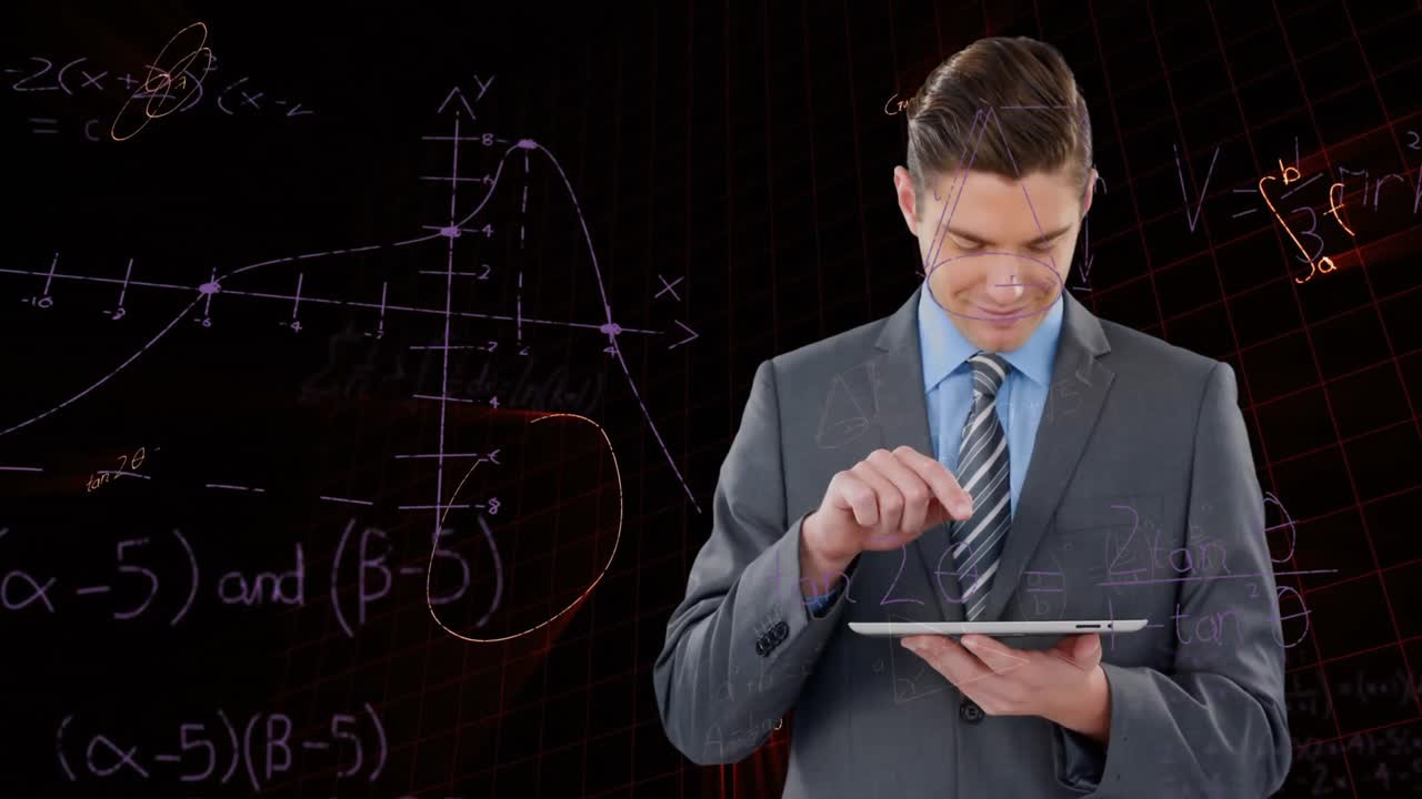 animación de procesamiento de datos y ecuaciones matemáticas sobre hombre de negocios usando tableta