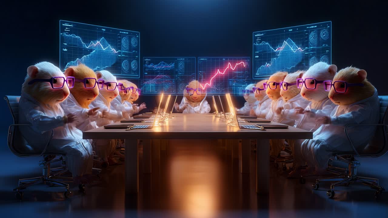 A group of animated hamsters in lab coats engages in a serious meeting surrounding a conference table while analyzing complex graphs and financial data on large screens in a high-tech environment