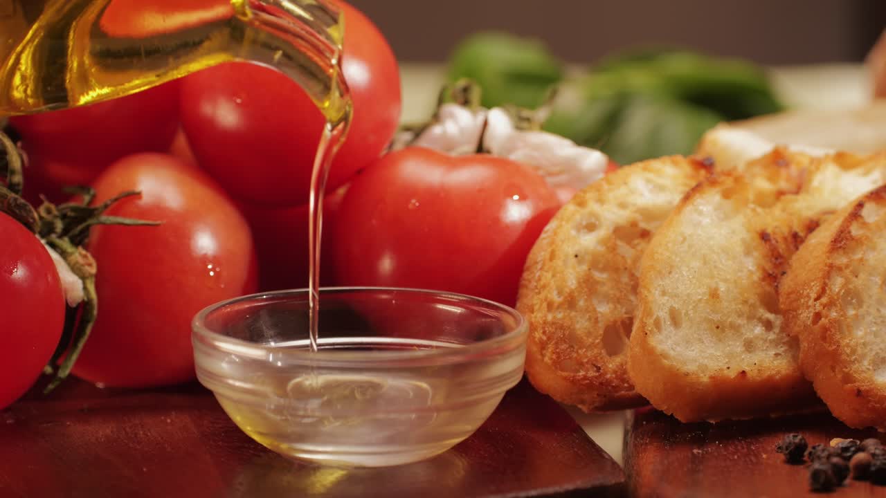 Delicious tapas bread with tomatoes pasta with olive oil close-up, bruschetta with red sauce ketchup, olives dry tomatoes and tasty sandwich bar appetizer, buffet