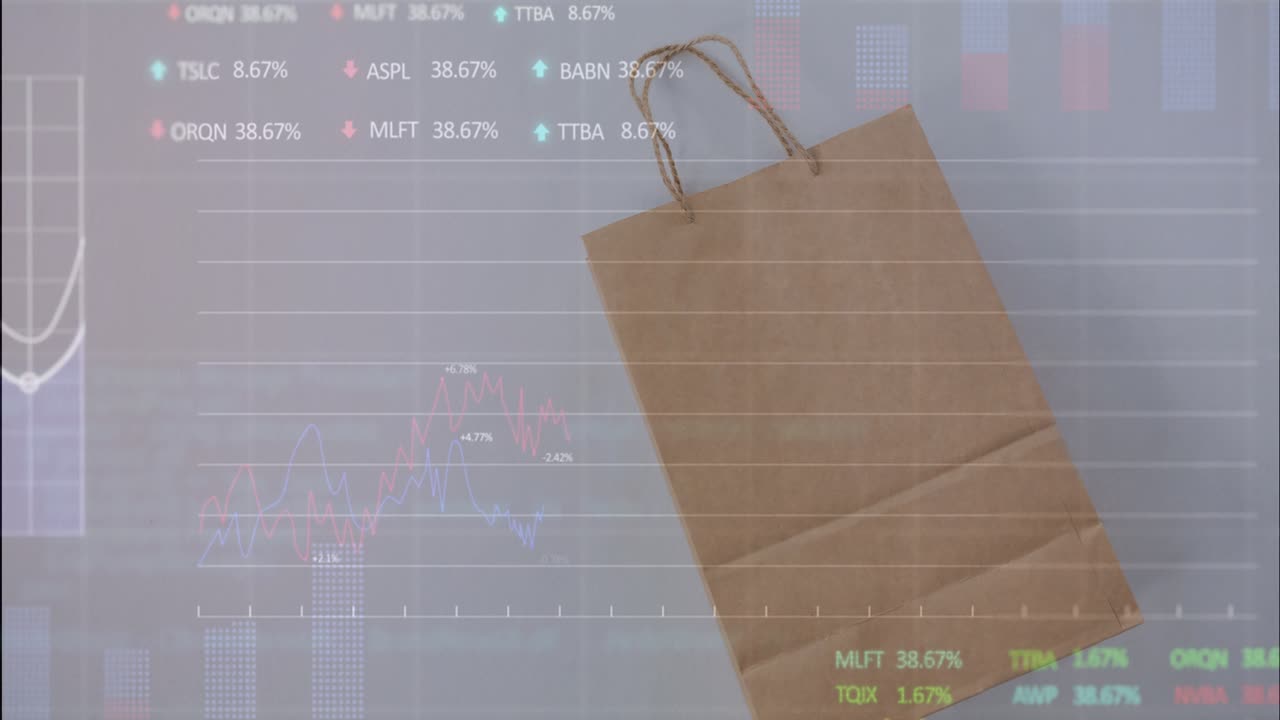 Data overlay coming from left, drawing chart and rings, showing metrics while kraft bag tilting