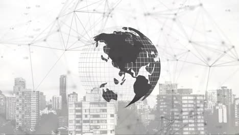 animation of network of connections and globe over cityscape