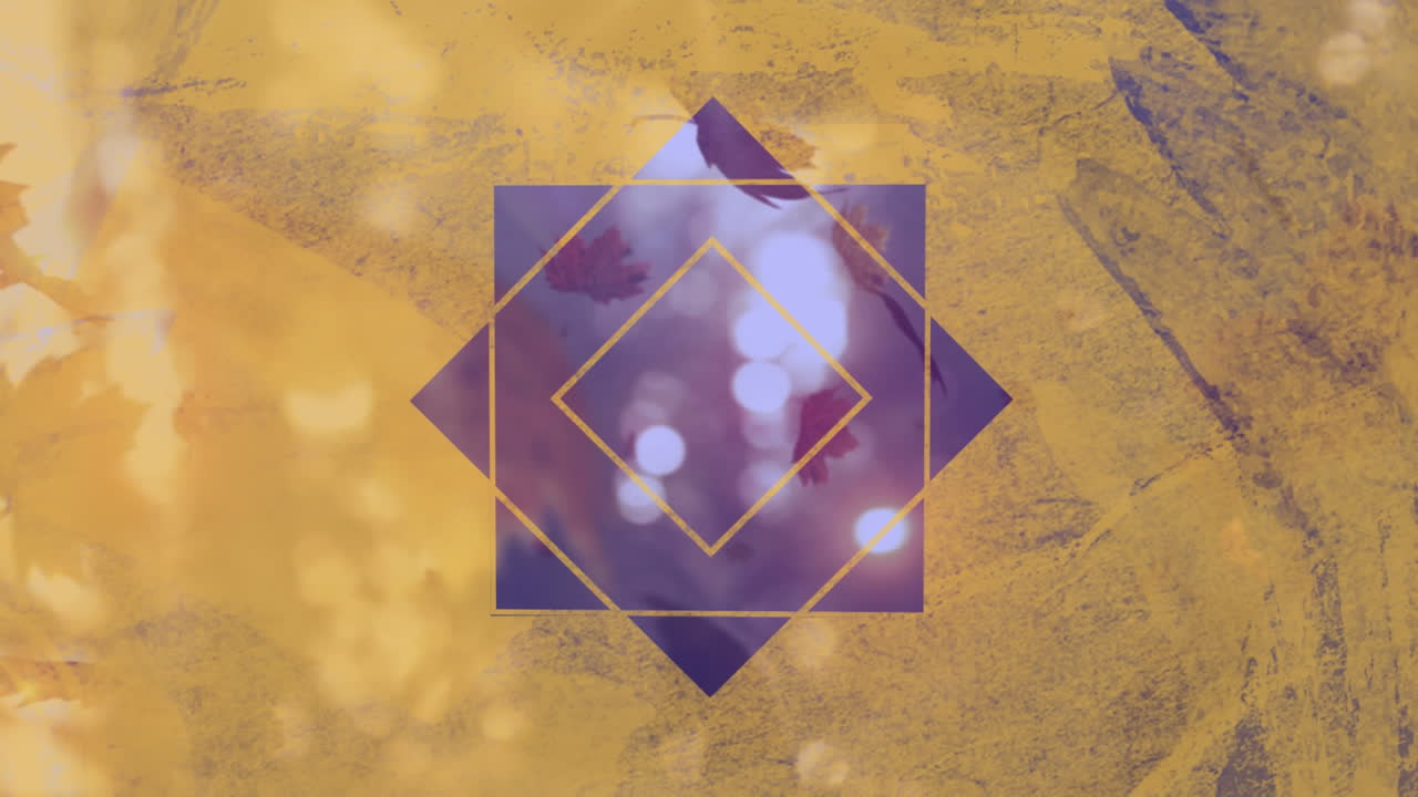hojas de otoño que caen contra un diseño de forma hexagonal sobre un fondo amarillo texturizado