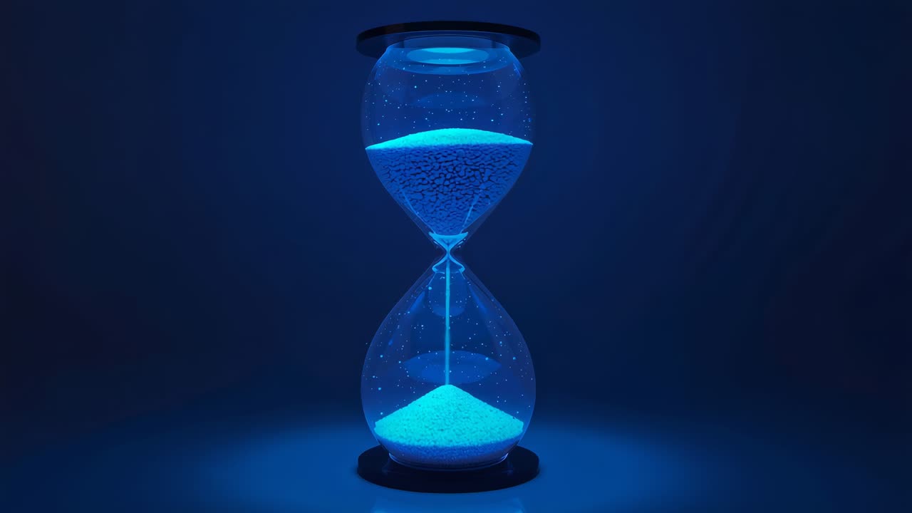At start glass hourglass trickling sand in studio with black base on platform showing time flow
