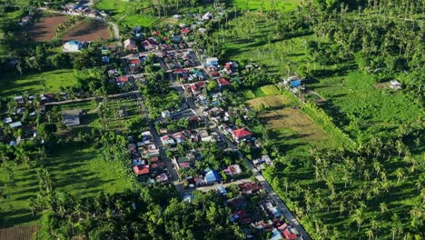 vista of a quaint barangay town surrounded by lush tropical foliage and farmland at timbaan, catanduanes, philippines - aerial orbit