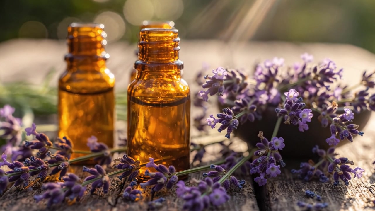 Aromatiske æteriske lavendelolier i glasflasker omgivet af friske lavendelkviste, der indfanger essensen af naturlig velvære og ro.