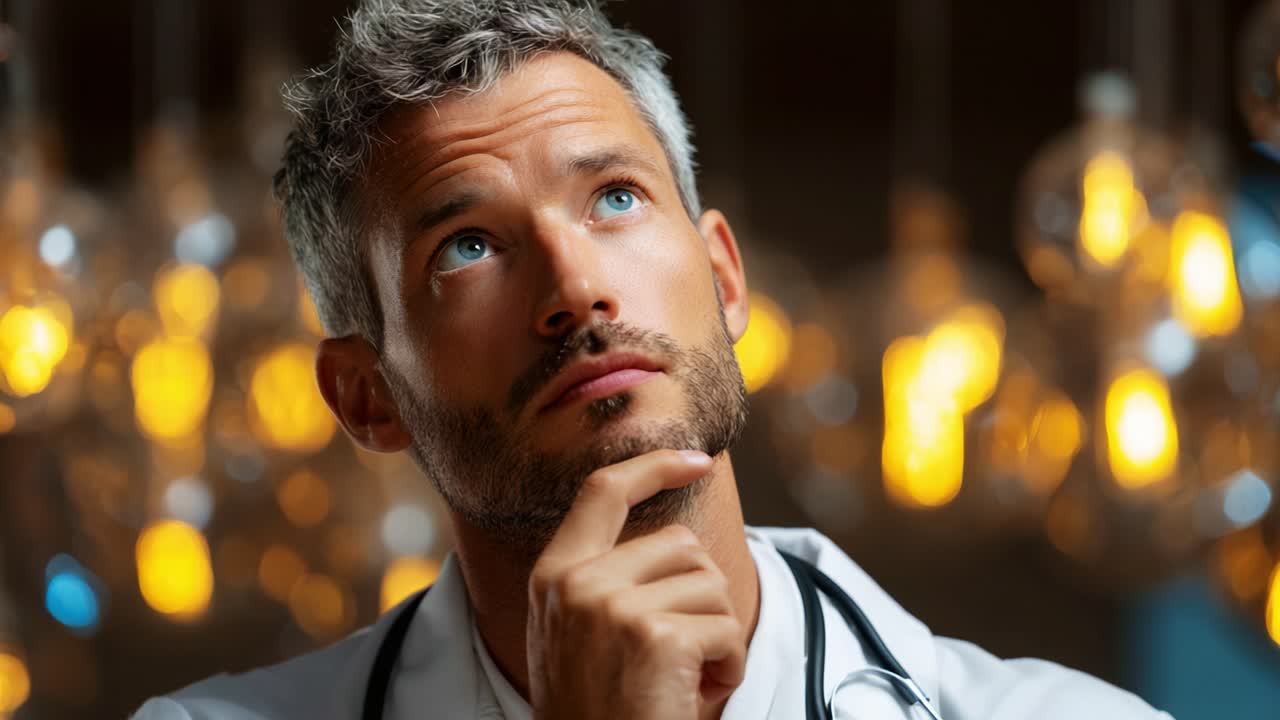 Contemplative Doctor in a Bright Atmosphere: A thoughtful physician engages in deep reflection amidst warm, glowing lights, symbolizing hope and medical insight