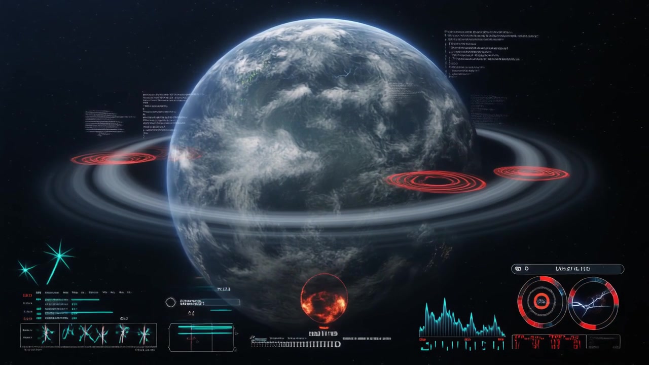 Futuristic Sci-Fi HUD Interface Overlooking a Ringed Planet
