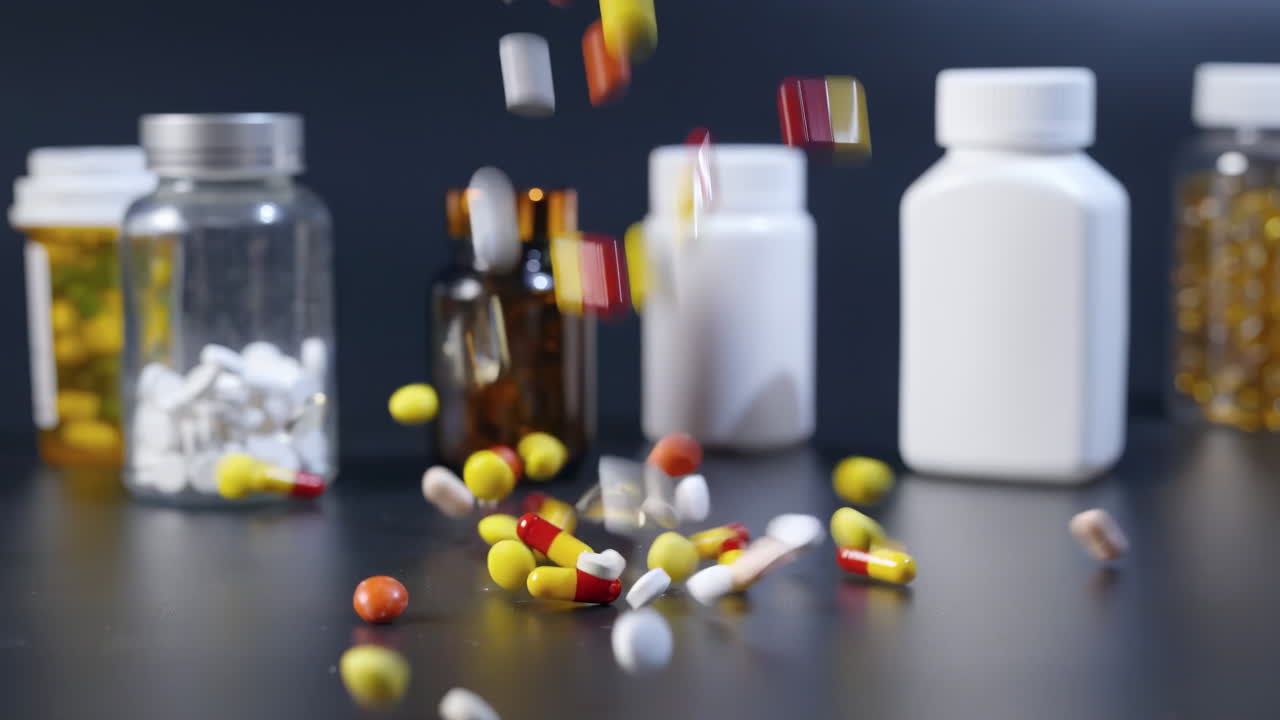 Medicine pharmaceutical colorful pills, capsules, bottles, jars being splashed conveying healthcare medication, prescription drug medicinal vibrant wellness representing various treatments in pharmacy