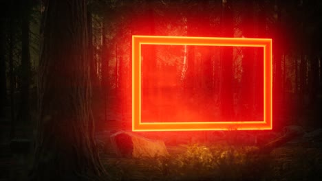 neon glowing rectangle frame in the night forest