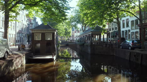 visbank and canal in hoge gouwe in gouda, netherlands