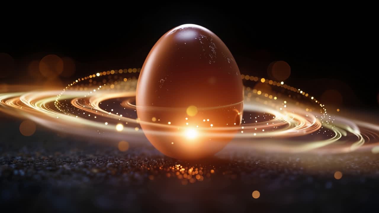 Golden egg glows softly, surrounded by swirling rings. Rays of light trace the shell, hinting at hidden power. Particles drift upward, as if born from cosmic energy