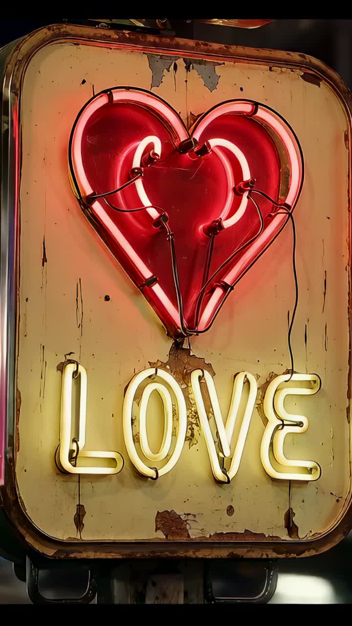 Vertikal video: Flakkende neonhjerte, LOVE-bokstaver som dimmes og tennes igjen på metallvegg på grunn av spenningsfall