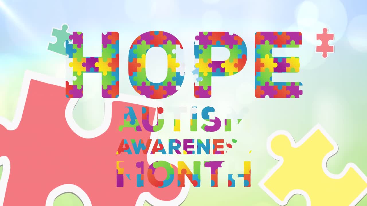 희망을 형성하는 다채로운 퍼즐 조각의 애니메이션 자폐증 인식 달 하늘 위의 텍스트