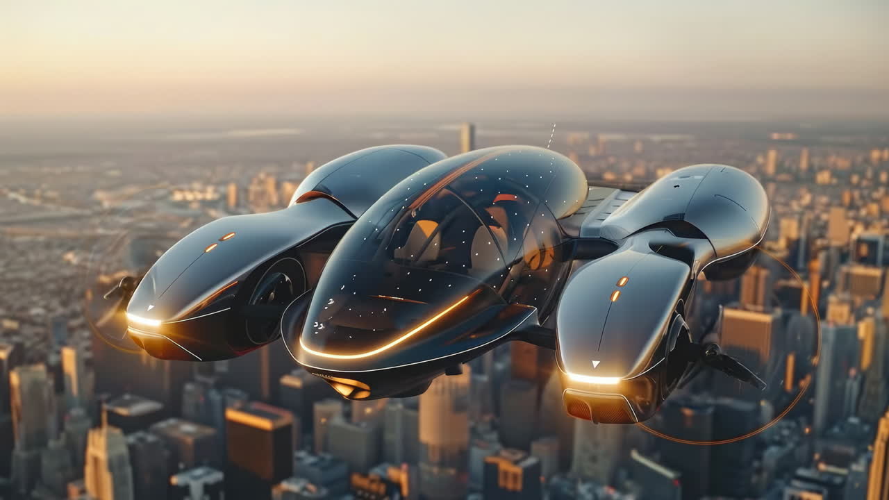 Sunset flight over skyline. A futuristic flying vehicle soars over a vibrant skyline at sunset, highlighting innovative tech and design