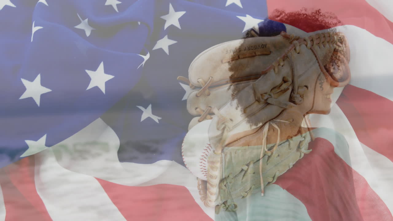 Baseball glove on American flag, symbolizing patriotism with sports animation