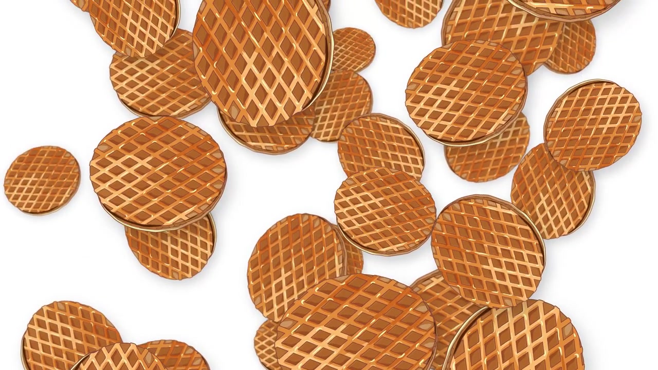 Biscotti waffle dorati cadono attraverso l'inquadratura su uno sfondo bianco pulito