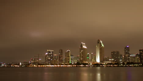 Panorámica-De-Lapso-De-Tiempo-Del-Horizonte-De-San-Diego-A-Través-Del-Agua-Por-La-Noche