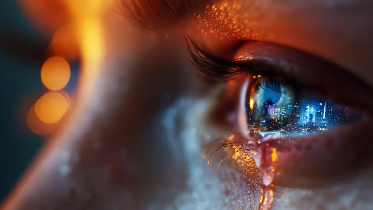 An Emotional View: Highlighting the Inner Reflection of a Tear-Streaked Eye with a Captivating Cityscape Forming in the Iris, Symbolizing Deep Feelings and Urban Life